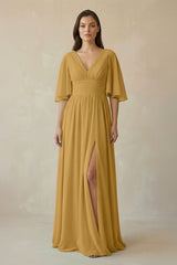 Marigold Half Sleeve V-Neck A-Line Chiffon Bridesmaid Gown | KISSBRIDAL