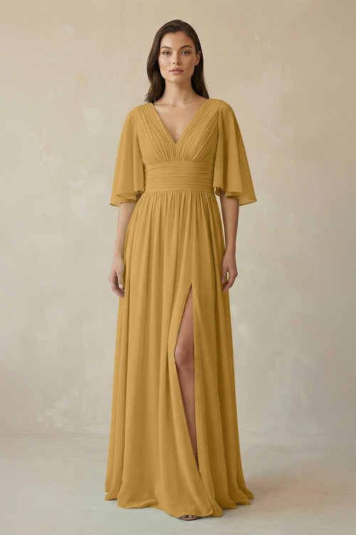 Marigold Half Sleeve V-Neck A-Line Chiffon Bridesmaid Gown | KISSBRIDAL