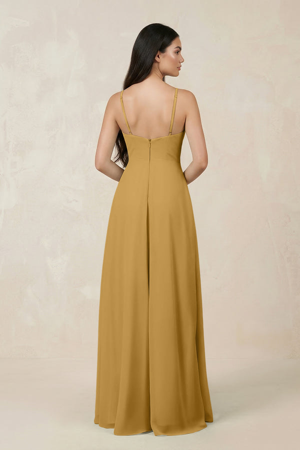 Marigold Halter Chiffon A-Line Bridesmaid Dress With Slit (2) | KISSBRIDAL