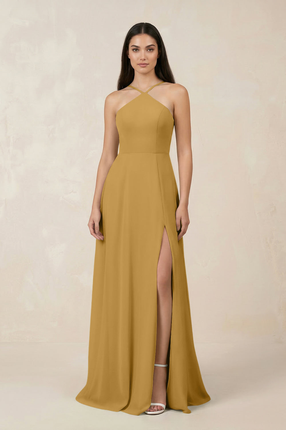 Halter Chiffon A-Line Bridesmaid Dress With Slit in Marigold