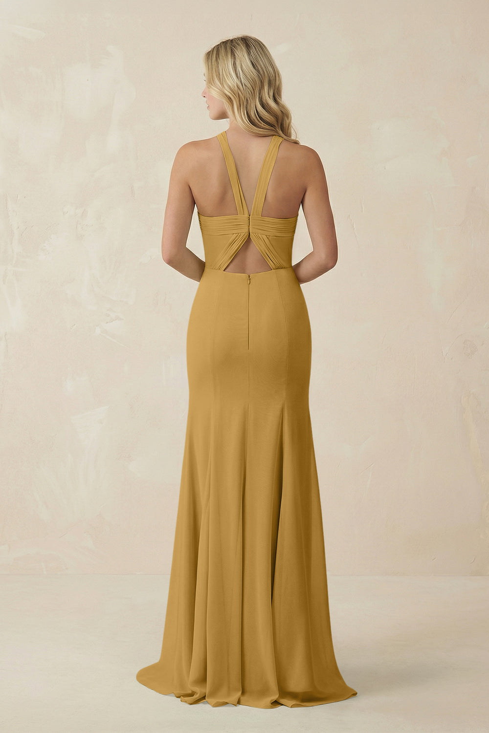 Halter Chiffon Mermaid Ruched Bridesmaid Dress in Marigold