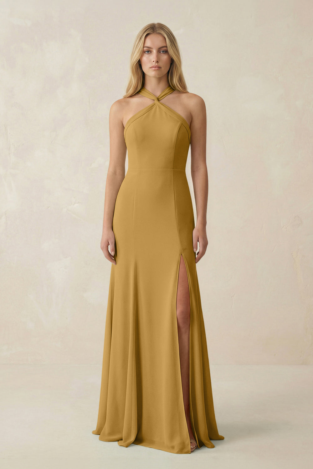 Halter Chiffon Mermaid Ruched Bridesmaid Dress in Marigold