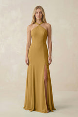 Marigold Halter Chiffon Mermaid Ruched Bridesmaid Dress | KISSBRIDAL