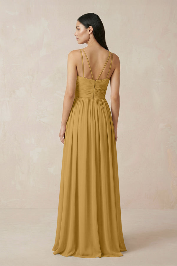 Marigold Halter Neck A-Line Chiffon Bridesmaid Dress (2) | KISSBRIDAL