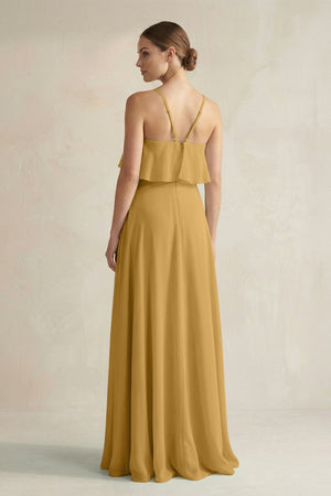 Marigold Halter Neck A-Line Chiffon Bridesmaid Dress with Keyhole (2) | KISSBRIDAL