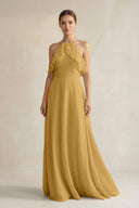 Marigold Halter Neck A-Line Chiffon Bridesmaid Dress with Keyhole | KISSBRIDAL