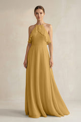 Marigold Halter Neck A-Line Chiffon Bridesmaid Dress with Keyhole | KISSBRIDAL