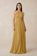 Marigold Halter Neck A-Line Chiffon Bridesmaid Dress | KISSBRIDAL