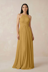 Marigold Halter Neck A-Line Chiffon Bridesmaid Dress | KISSBRIDAL