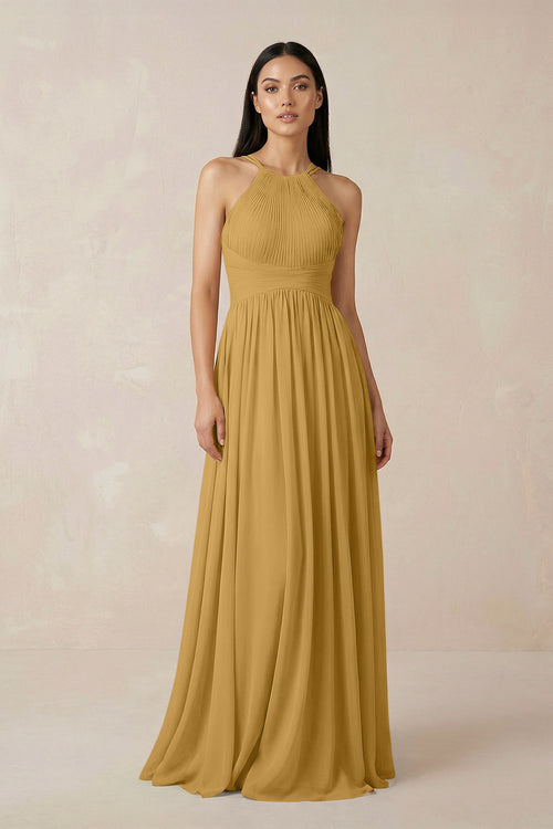 Marigold Halter Neck A-Line Chiffon Bridesmaid Dress | KISSBRIDAL