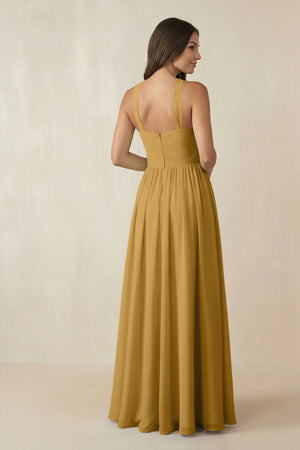 Marigold Halter Neck Ruched A-Line Chiffon Bridesmaid Dress (2) | KISSBRIDAL