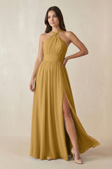 Marigold Halter Neck Ruched A-Line Chiffon Bridesmaid Dress | KISSBRIDAL