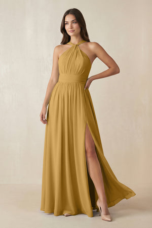 Marigold Halter Neck Ruched A-Line Chiffon Bridesmaid Dress | KISSBRIDAL