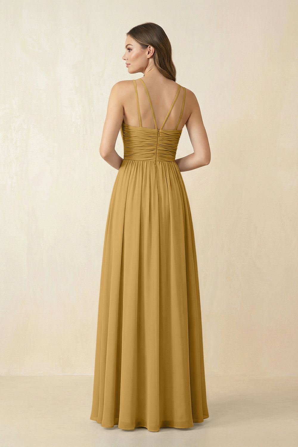 Halter Pleated A-Line Chiffon Bridesmaid Dress in Marigold