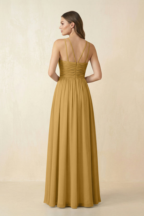 Marigold Halter Pleated A-Line Chiffon Bridesmaid Dress (2) | KISSBRIDAL
