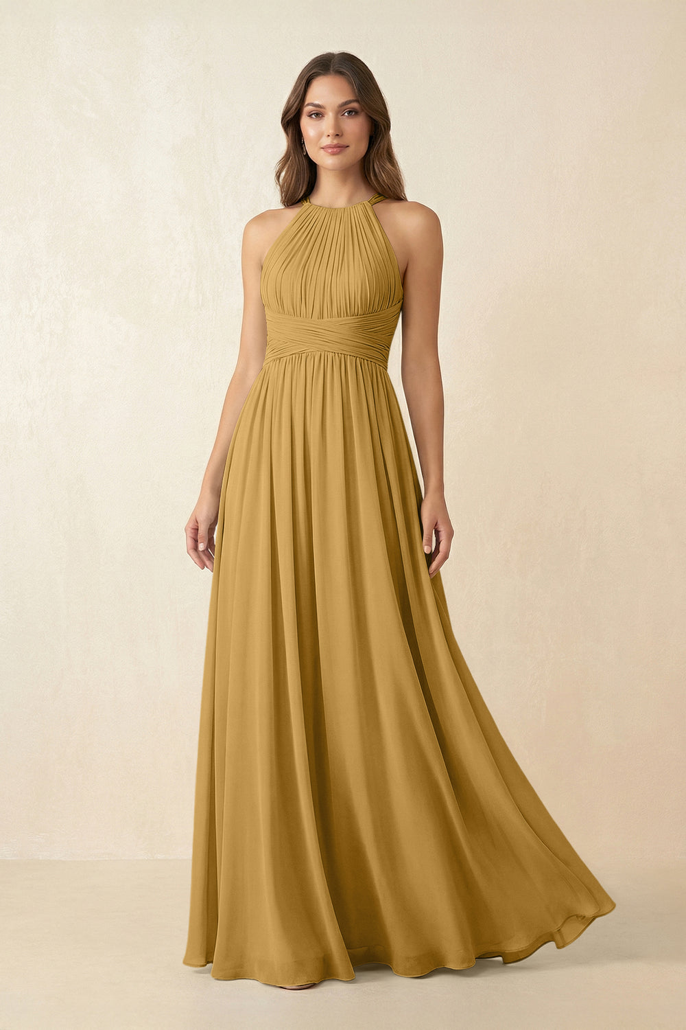 Halter Pleated A-Line Chiffon Bridesmaid Dress in Marigold