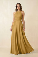 Marigold Halter Pleated A-Line Chiffon Bridesmaid Dress | KISSBRIDAL
