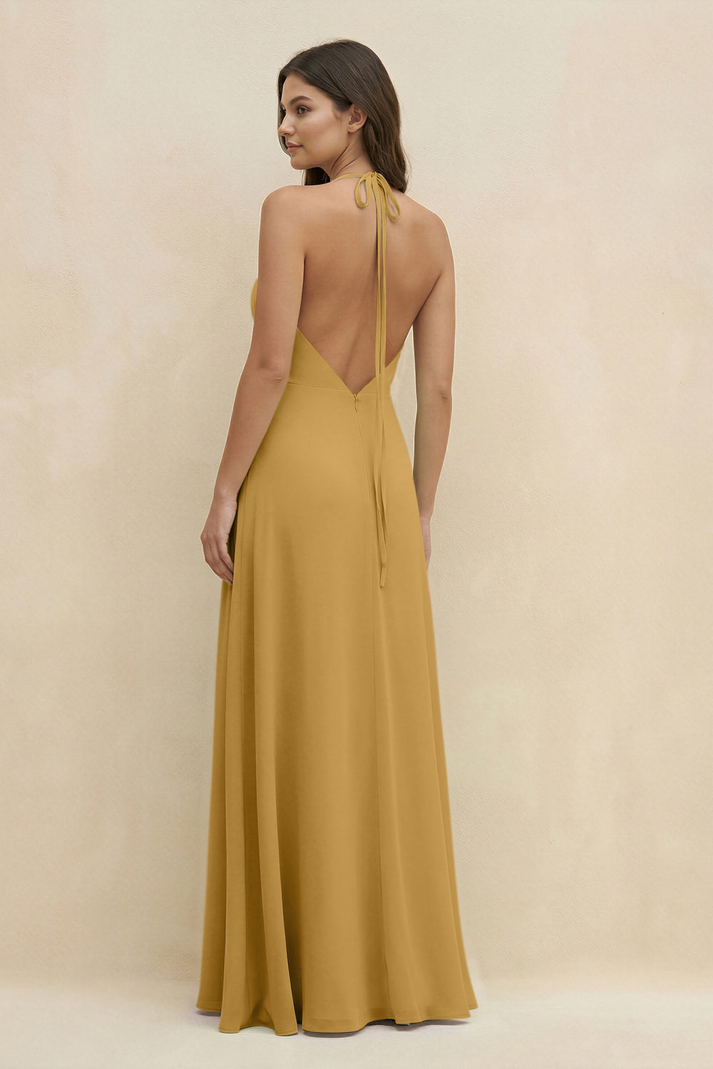 Halter Sheath Long Chiffon Bridesmaid Dress in Marigold