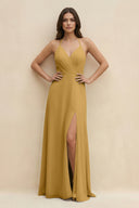 Marigold Halter Sheath Long Chiffon Bridesmaid Dress | KISSBRIDAL
