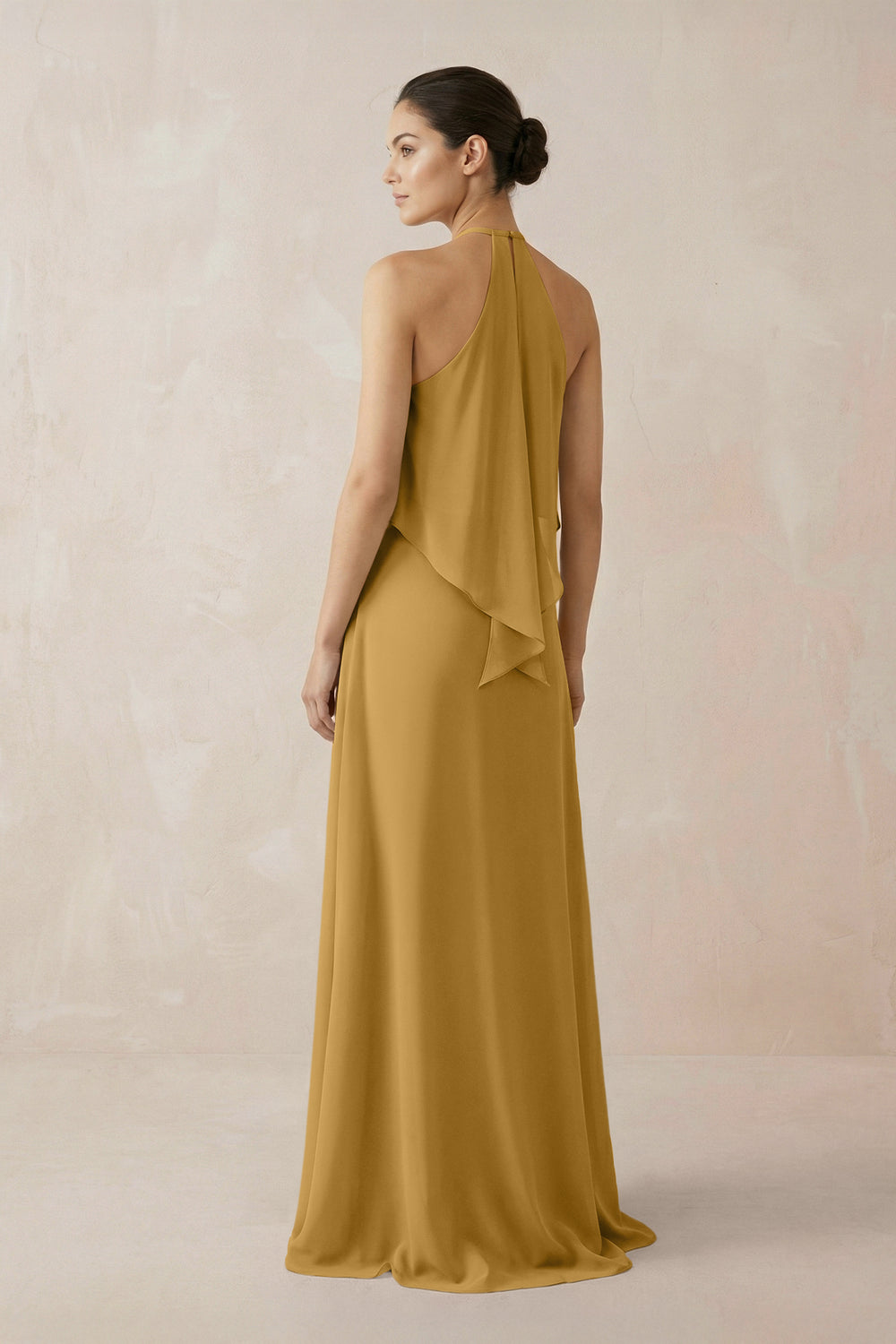 Halter Sheath Ruffled Chiffon Bridesmaid Dress in Marigold
