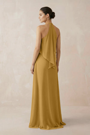 Marigold Halter Sheath Ruffled Chiffon Bridesmaid Dress (2) | KISSBRIDAL