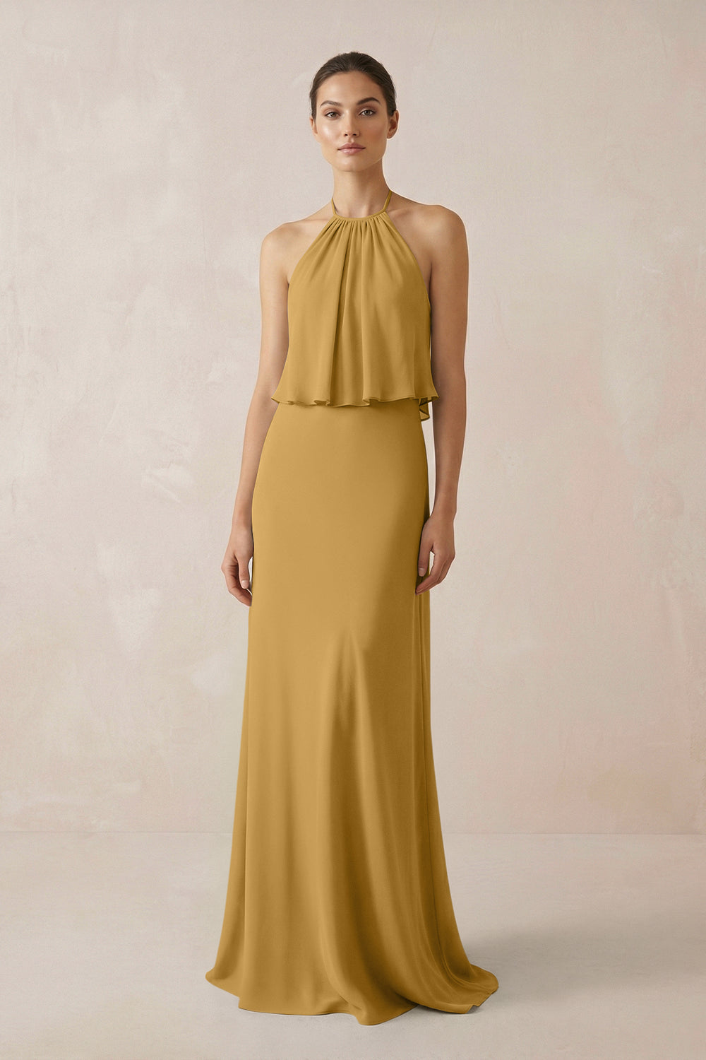 Halter Sheath Ruffled Chiffon Bridesmaid Dress in Marigold