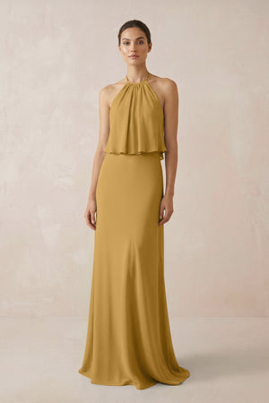 Marigold Halter Sheath Ruffled Chiffon Bridesmaid Dress | KISSBRIDAL