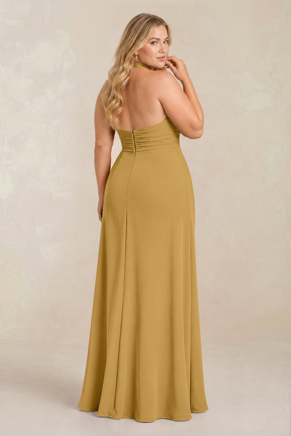 Marigold High Neck Chiffon Sheath Ruched Bridesmaid Dress (2) [sizeplus] | KISSBRIDAL