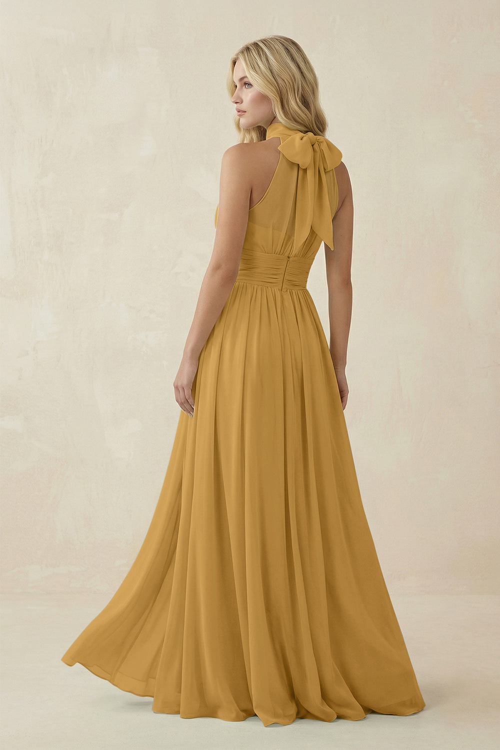 Illusion Halter A-Line Chiffon Bridesmaid Gown in Marigold