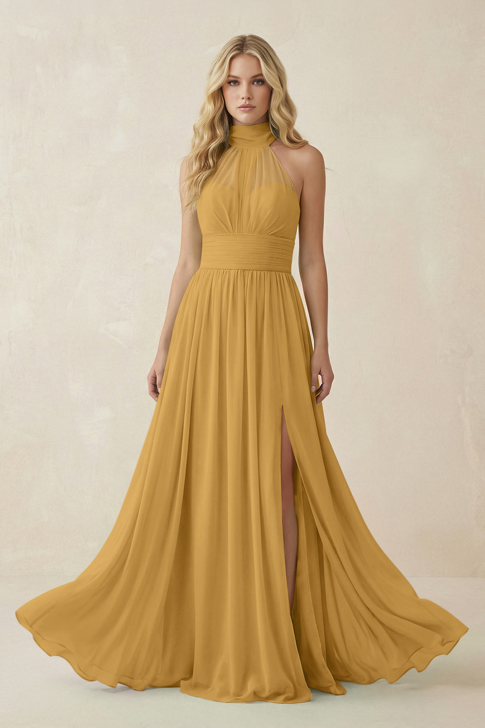 Illusion Halter A-Line Chiffon Bridesmaid Gown in Marigold