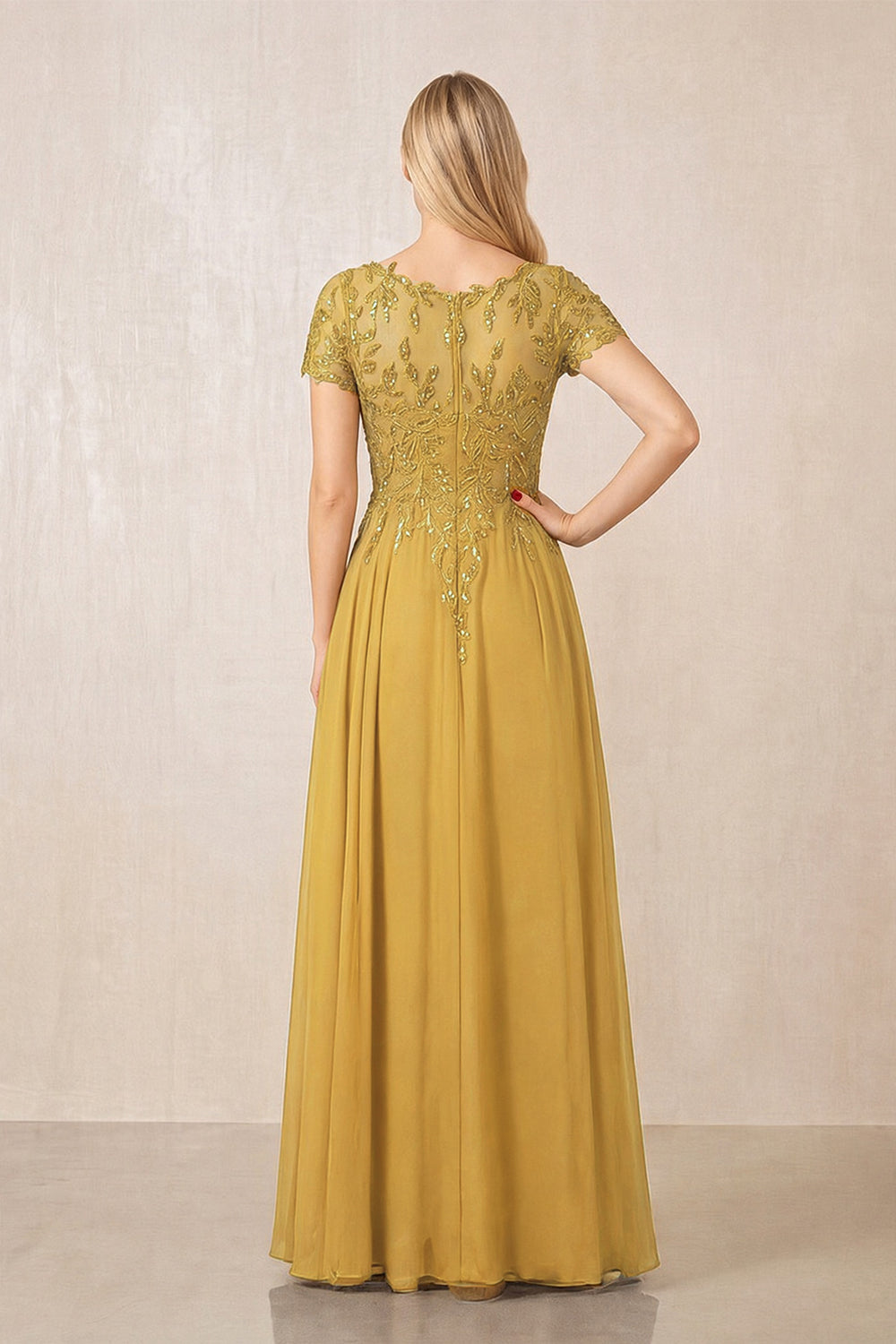 Marigold Illusion Neck A-Line Chiffon Cap Sleeves Mother of the Bride Dress