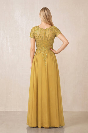 Marigold Illusion Neck A-Line Chiffon Cap Sleeves Mother of the Bride Dress (2) | KISSBRIDAL