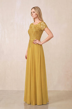 Marigold Illusion Neck A-Line Chiffon Cap Sleeves Mother of the Bride Dress (3) | KISSBRIDAL