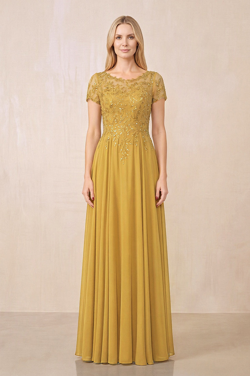 Marigold Illusion Neck A-Line Chiffon Cap Sleeves Mother of the Bride Dress