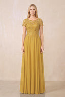 Marigold Illusion Neck A-Line Chiffon Cap Sleeves Mother of the Bride Dress | KISSBRIDAL