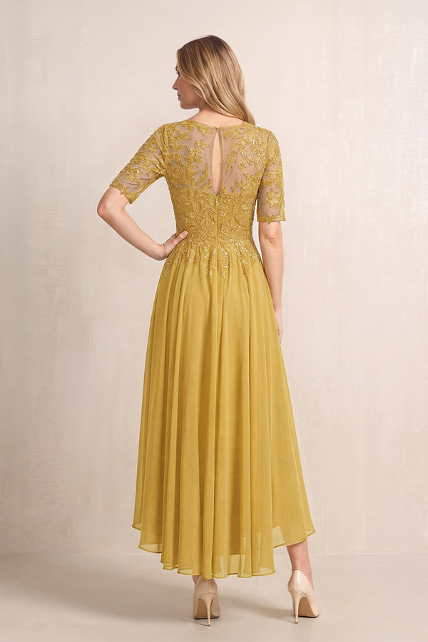Marigold Illusion Neck A-Line Chiffon Lace Midi Mother of the Bride Dress with Half Sleeves (2) | KISSBRIDAL