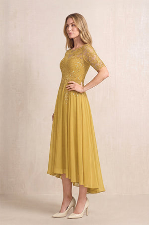 Marigold Illusion Neck A-Line Chiffon Lace Midi Mother of the Bride Dress with Half Sleeves (3) | KISSBRIDAL