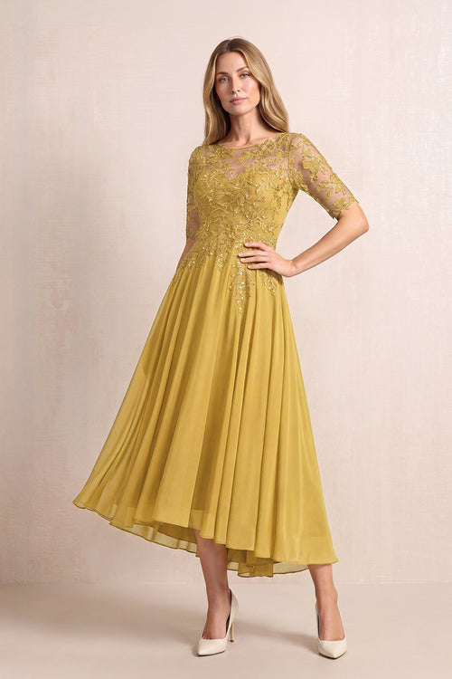 Marigold Illusion Neck A-Line Chiffon Lace Midi Mother of the Bride Dress with Half Sleeves | KISSBRIDAL