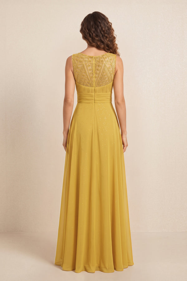 Marigold Illusion Neck A-Line Satin Embroidered Pleated Mother of the Bride Dress (2) | KISSBRIDAL