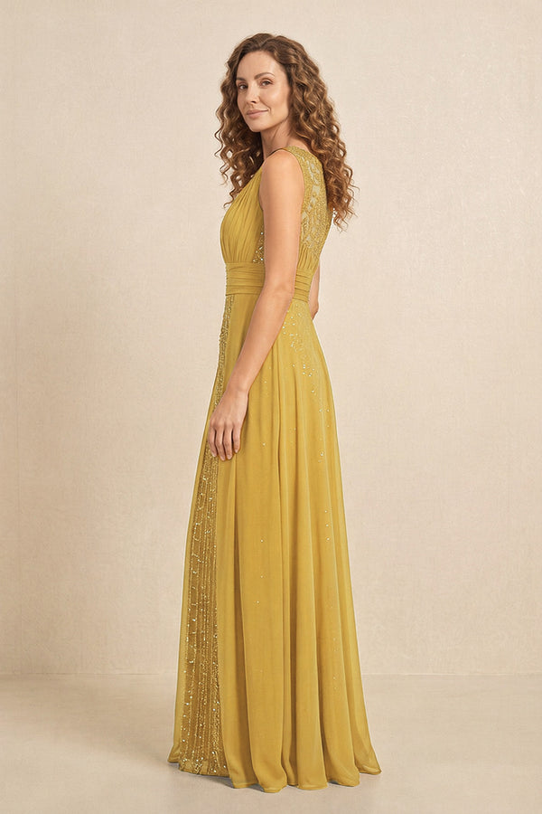 Marigold Illusion Neck A-Line Satin Embroidered Pleated Mother of the Bride Dress (3) | KISSBRIDAL