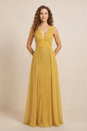 Marigold Illusion Neck A-Line Satin Embroidered Pleated Mother of the Bride Dress | KISSBRIDAL