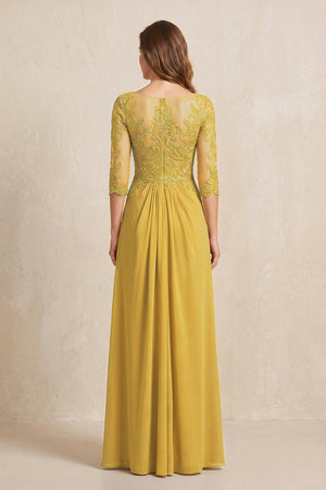 Marigold Illusion Neck Sheath Embroidered Chiffon Mother of the Bride Dress with Half Sleeves (2) | KISSBRIDAL