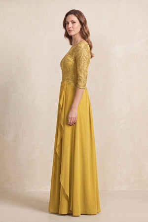 Marigold Illusion Neck Sheath Embroidered Chiffon Mother of the Bride Dress with Half Sleeves (3) | KISSBRIDAL