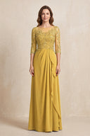 Marigold Illusion Neck Sheath Embroidered Chiffon Mother of the Bride Dress with Half Sleeves | KISSBRIDAL