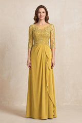 Marigold Illusion Neck Sheath Embroidered Chiffon Mother of the Bride Dress with Half Sleeves | KISSBRIDAL