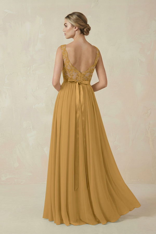 Marigold Lace A-Line Bateau Neck Chiffon Long Bridesmaid Dress (2) | KISSBRIDAL