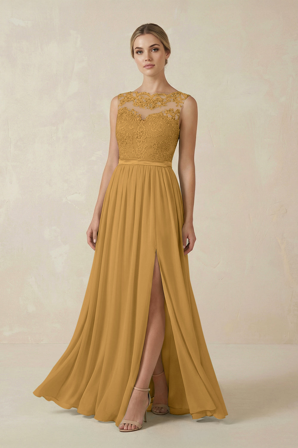 Lace A-Line Bateau Neck Chiffon Long Bridesmaid Dress in Marigold
