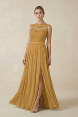 Marigold Lace A-Line Bateau Neck Chiffon Long Bridesmaid Dress | KISSBRIDAL