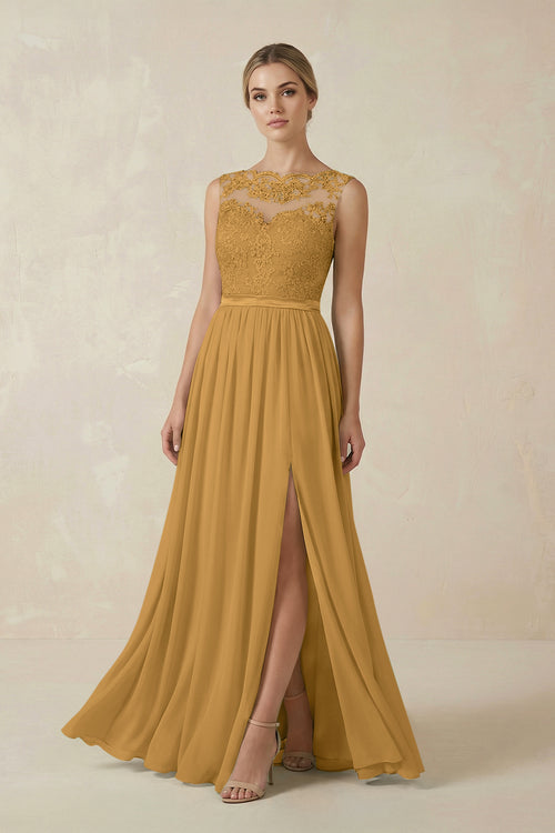 Marigold Lace A-Line Bateau Neck Chiffon Long Bridesmaid Dress | KISSBRIDAL