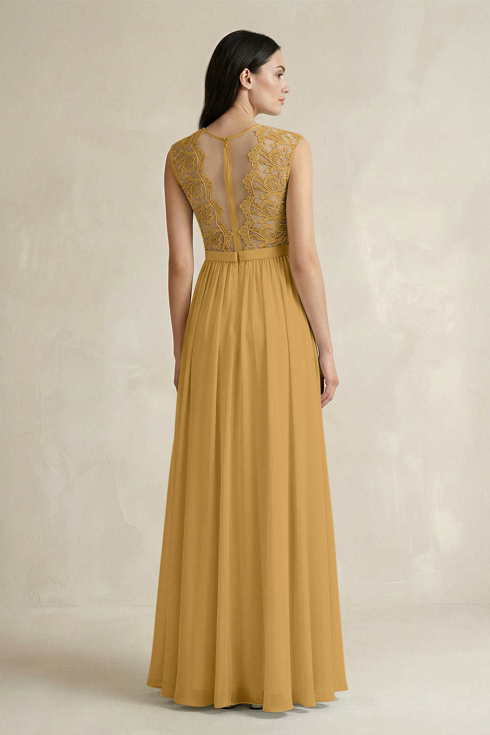 Lace Chiffon A-Line Round Neck Bridesmaid Dress in Marigold